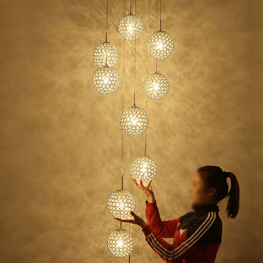 Hollowed-Out Metallic Ceiling Lamp With 10 Bulbs For Staircases In Silver