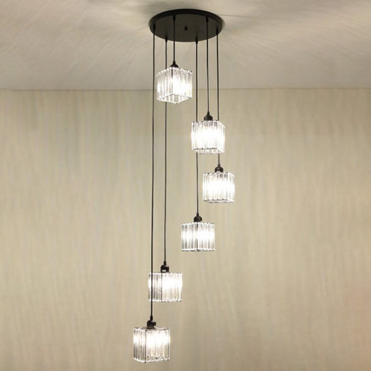 Modern Black Crystal Spiral Cube Pendant Light - 6 Bulbs Multi Light Hanging Fixture Black