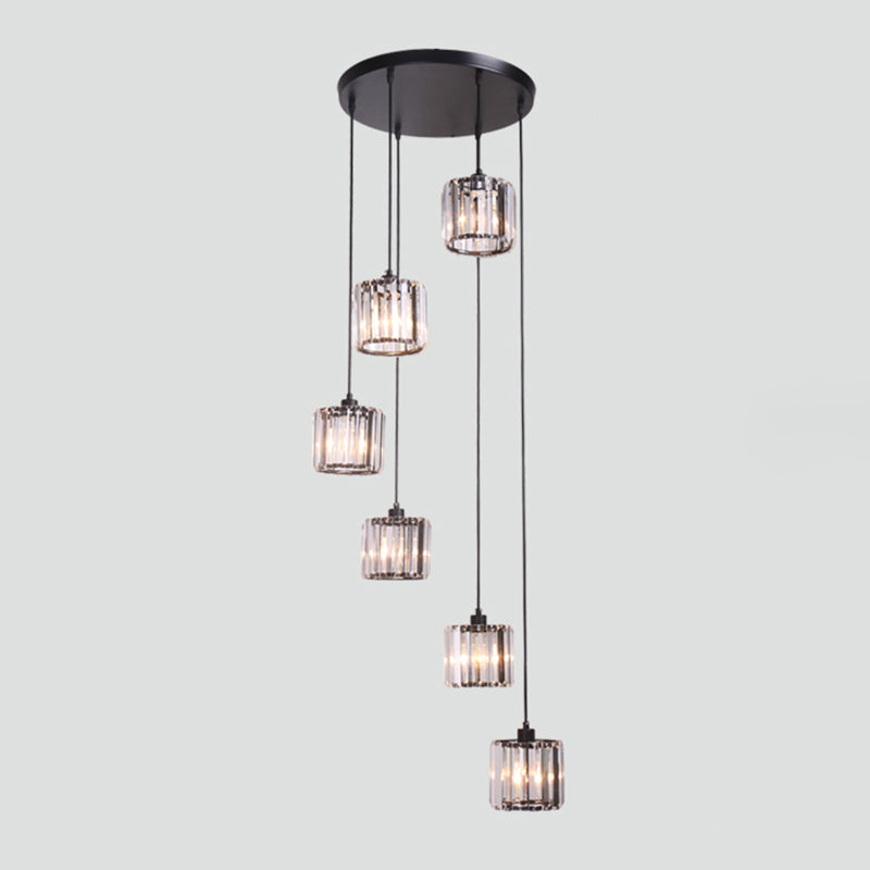 Contemporary Multi-Light Pendant With Geometrical Glass Shade For Staircase Suspension