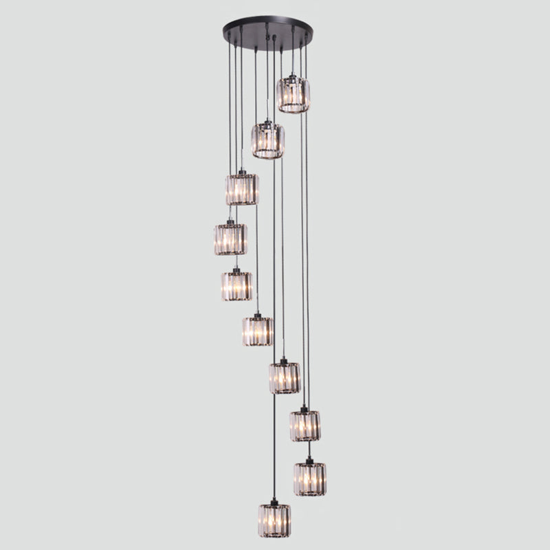 Suspension d'escalier géométrique contemporaine en verre - Suspension multi-lumières