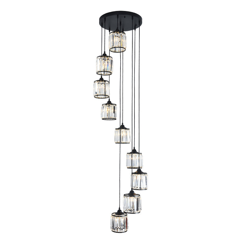 Minimalist Crystal Suspension Light For Staircase - Cylindrical Multiceiling Lamp