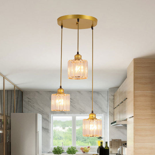 Suspension cylindrique en cristal moderne avec 3 ampoules – Finition dorée pour salle à manger