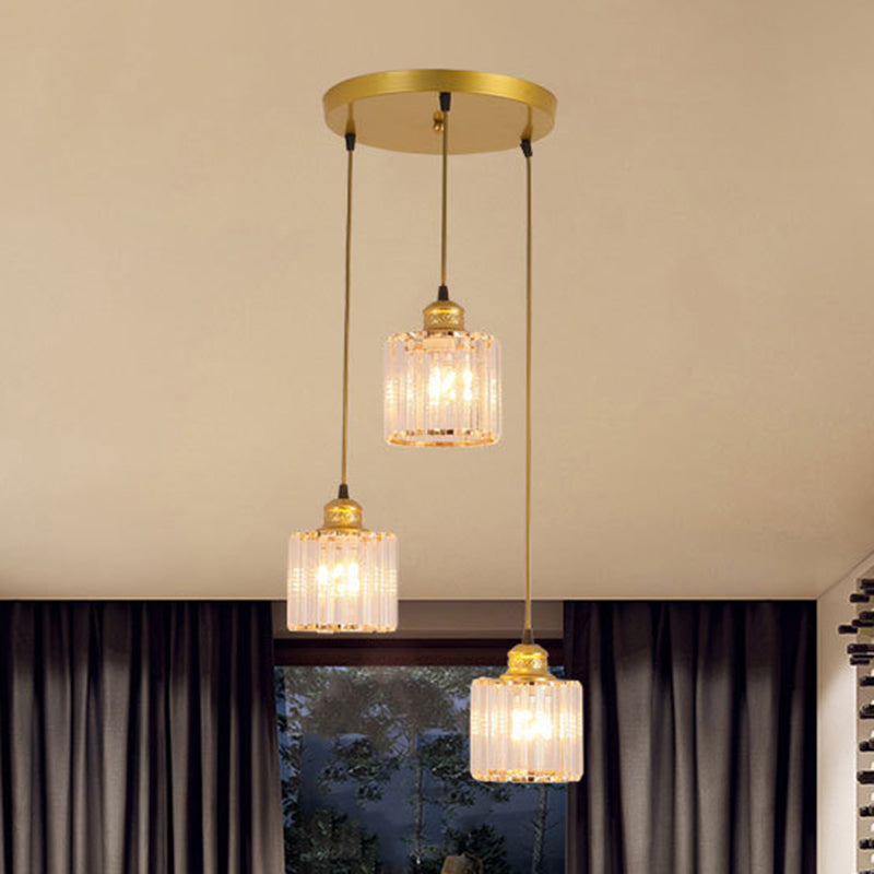 Suspension cylindrique en cristal moderne avec 3 ampoules – Finition dorée pour salle à manger