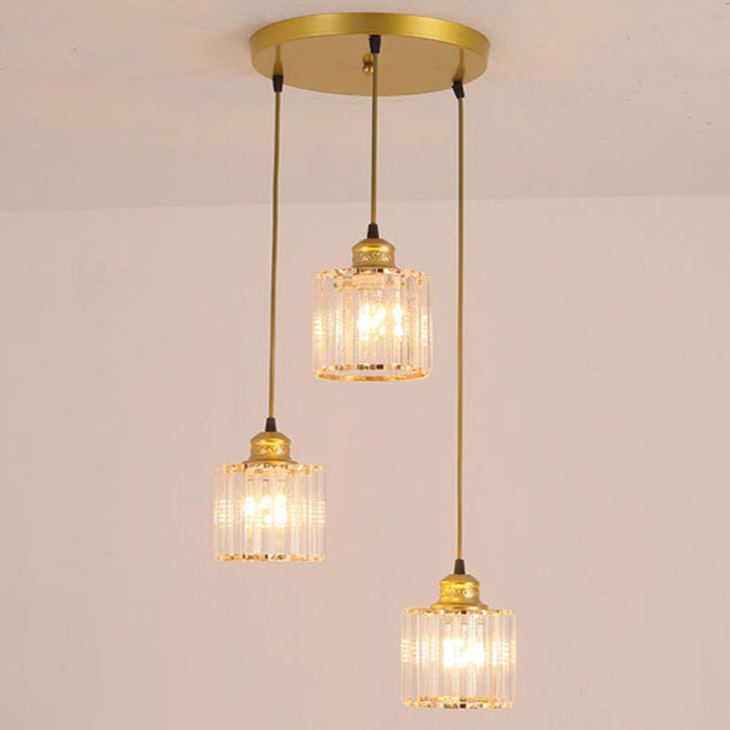 Suspension cylindrique en cristal moderne avec 3 ampoules – Finition dorée pour salle à manger