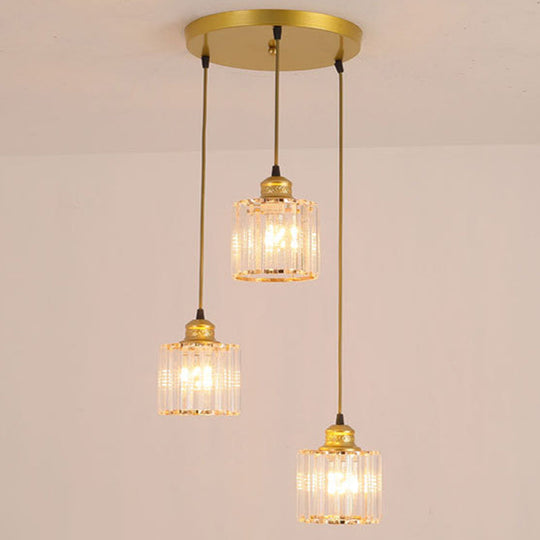 Suspension cylindrique en cristal moderne avec 3 ampoules – Finition dorée pour salle à manger