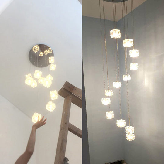 Simplicity Clear Glass Multi-Light Pendant - 12 Heads Spiral Square Design Chrome Finish- Ideal For