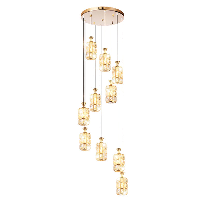 Modern Crystal-Encrusted Cylinder Ceiling Lamp - 10 Bulb Suspension Fixture For Staircase