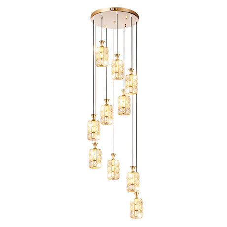 Modern Crystal-Encrusted Cylindrical Ceiling Lamp - 10 Bulbs Suspension Light Fixture For Staircase