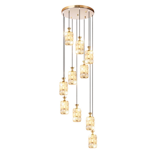 Modern Crystal-Encrusted Cylindrical Ceiling Lamp - 10 Bulbs Suspension Light Fixture For Staircase