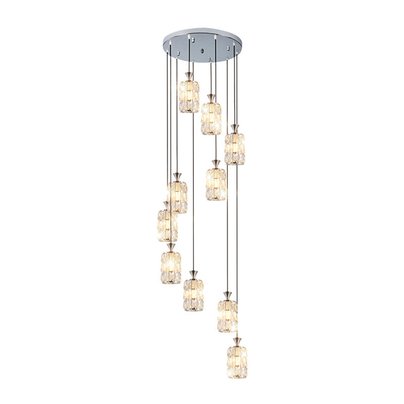 Modern Crystal-Encrusted Cylindrical Ceiling Lamp - 10 Bulbs Suspension Light Fixture For Staircase