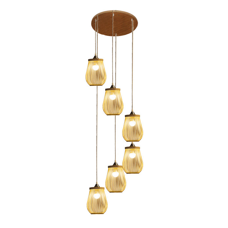 Modern Bamboo Pear Pendant Light For Staircase - Wood Hanging Lighting