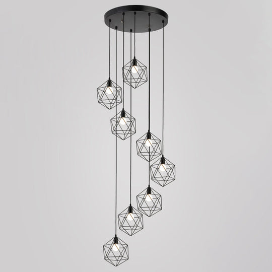 Geometric Cage Staircase Multi Ceiling Light - Metallic Suspension Fixture 8 / Black A
