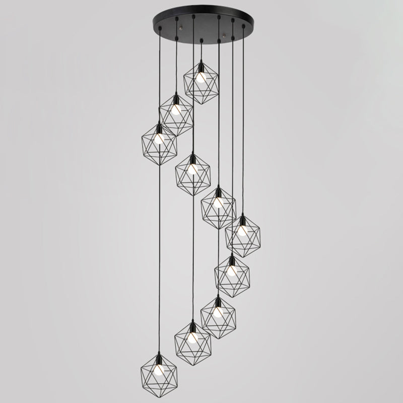 Metallic Geometric Cage Ceiling Light Fixture For Staircase Suspension