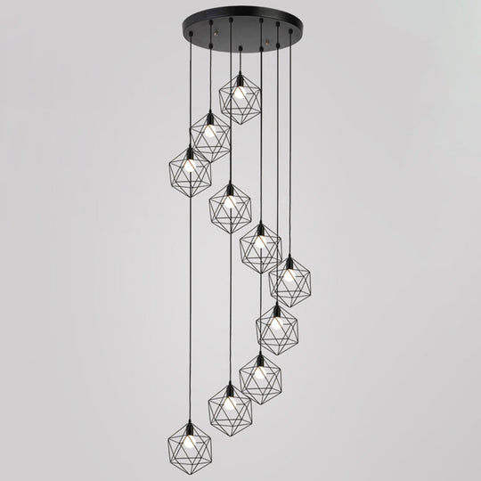 Metallic Geometric Cage Ceiling Light Fixture For Staircase Suspension