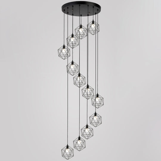 Geometric Cage Staircase Multi Ceiling Light - Metallic Suspension Fixture 12 / Black A