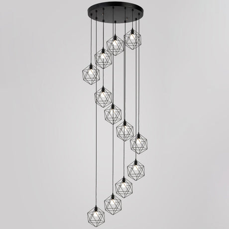 Metallic Geometric Cage Ceiling Light Fixture For Staircase Suspension 12 / Black A