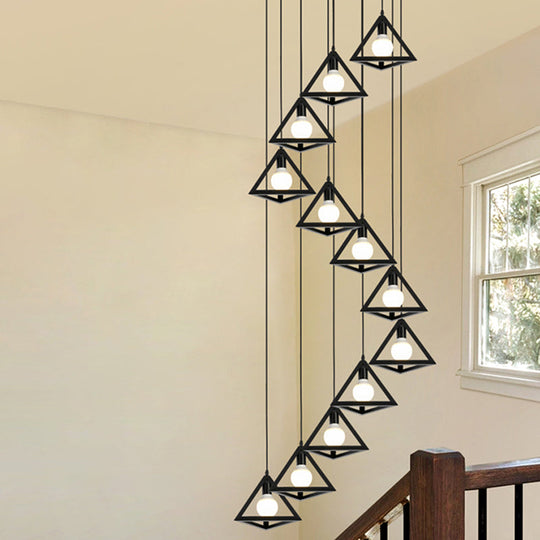 Geometric Cage Staircase Multi Ceiling Light - Metallic Suspension Fixture 12 / Black B