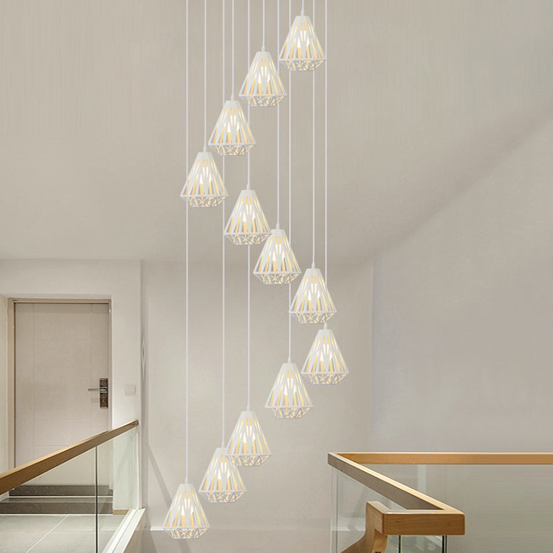 Metallic Geometric Cage Ceiling Light Fixture For Staircase Suspension 12 / White B