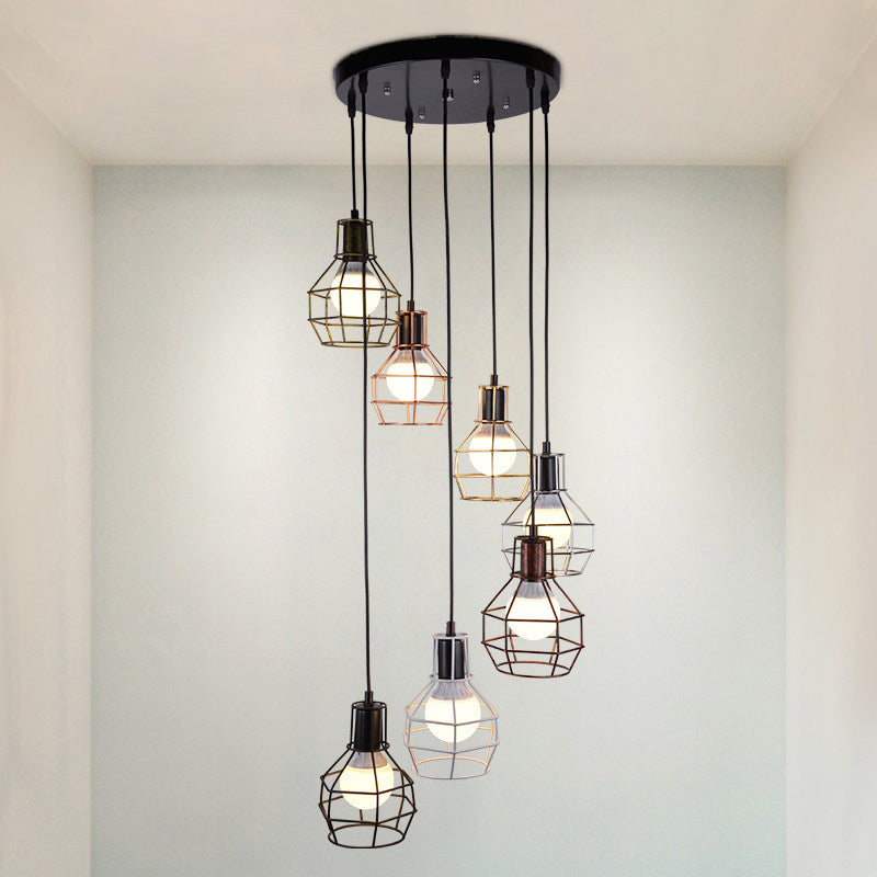 Minimalist Black Metal Cage Suspension Light - Multi-Light Pendant For Staircase 7 /