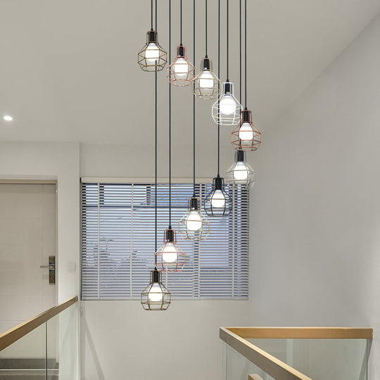 Minimalist Black Metal Cage Suspension Light - Multi-Light Pendant For Staircase 10 /