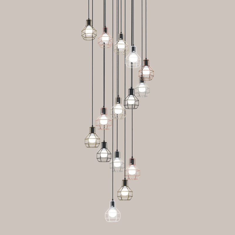 Minimalist Black Metal Cage Suspension Light - Multi-Light Pendant For Staircase