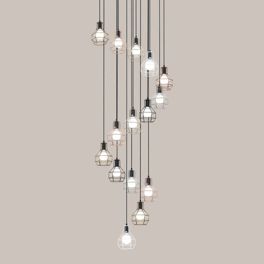 Minimalist Black Metal Cage Suspension Light - Multi-Light Pendant For Staircase