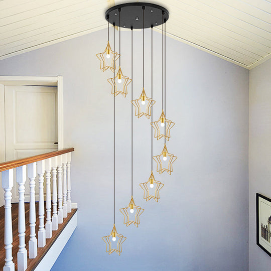 Sleek Gold Spiral Star Ceiling Lamp - 8-Bulb Metallic Suspension Light Fixture For Entryway