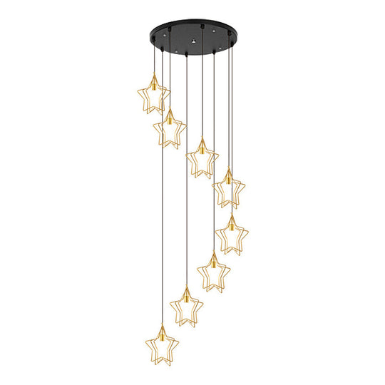 Sleek Gold Spiral Star Multi Ceiling Lamp - 8-Bulb Metallic Suspension Fixture For Entryway