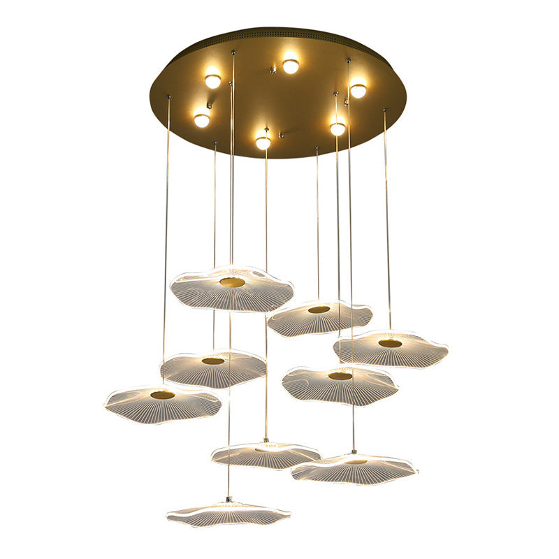 Contemporary Gold Lotus Leaf Led Staircase Light Pendant - Acrylic Multi