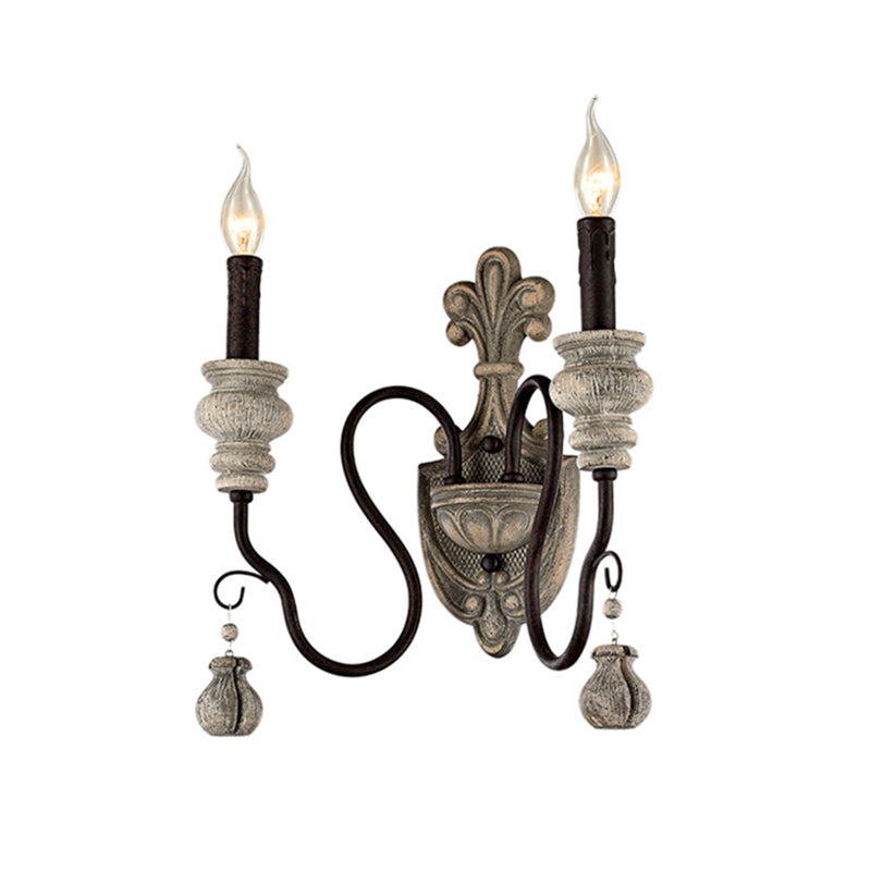 Retro Resin Candelabra Wall Lamp With Curved Arm In Black-Gold For Living Room