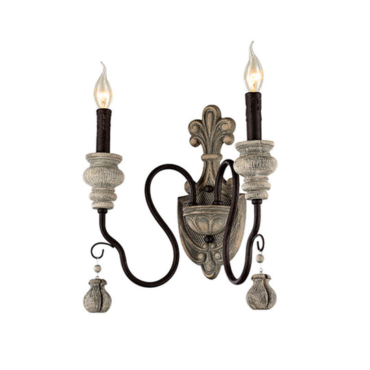 Retro Resin Candelabra Wall Lamp With Curved Arm In Black-Gold For Living Room
