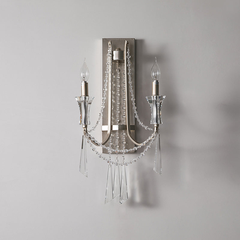 Traditional Crystal Bead Wall Mount Light Fixture - 2 Bulbs Curved Arm Design