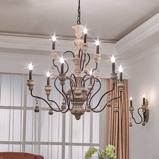 Traditional Wooden Candelabra Ceiling Chandelier For Dining Room With Curved Rustic Arm