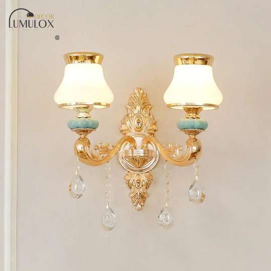 Opal Glass K9 Crystal Wall Light Classic Living Room Lighting Fixture With Accent In Gold