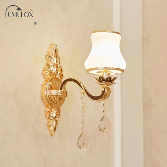 Opal Glass K9 Crystal Wall Light Classic Living Room Lighting Fixture With Accent In Gold