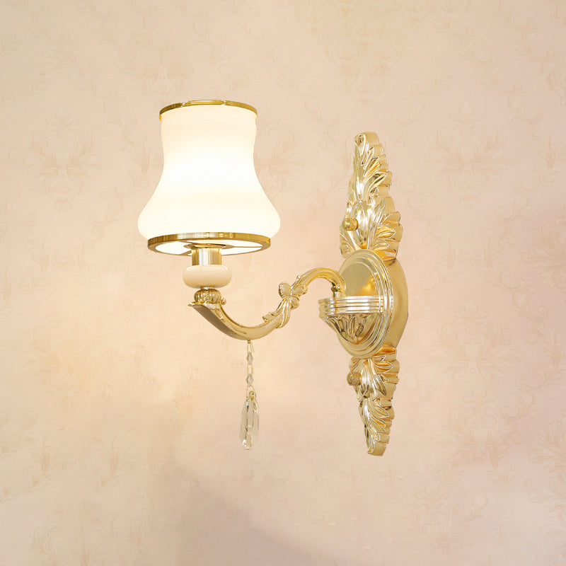 Opal Glass Wall Light: Classic Gold Fixture With Crystal Accent For Living Room 1 / E