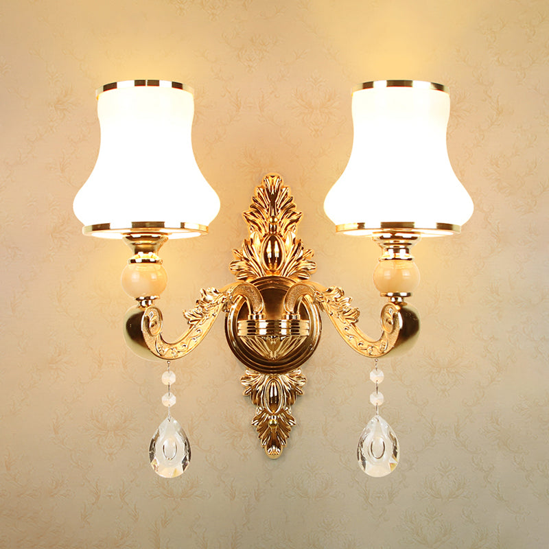 Opal Glass Gold Wall Light With Flower Shade And Crystal Accent - Antique Lighting Fixture