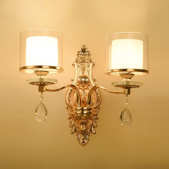 Minimalist Cylinder Wall Sconce With Crystal Accent And Gold Finish