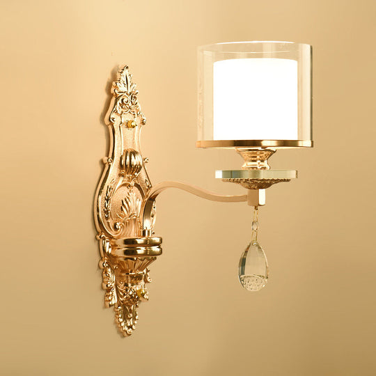 Minimalist Cylinder Wall Sconce With Crystal Accent And Gold Finish 1 /