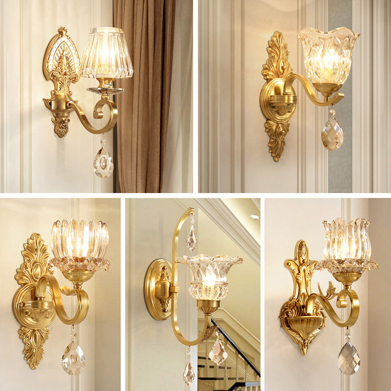 Handblown Glass Gold Floral Corridor Wall Mount Light With Crystal Accent - Minimalistic Lighting