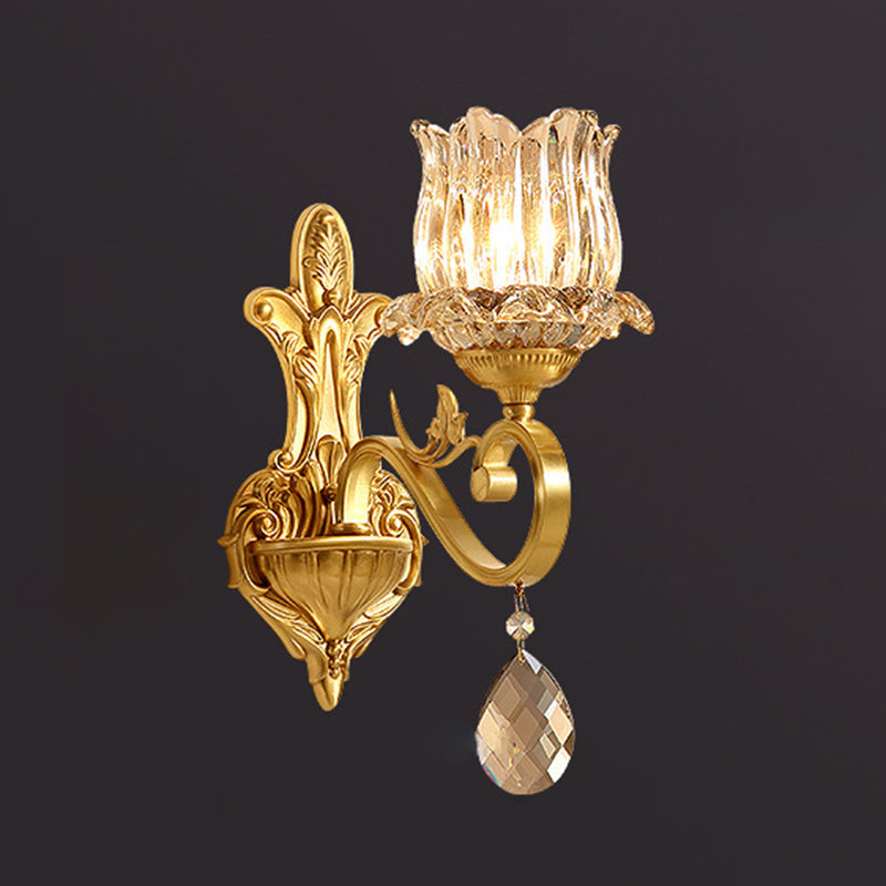 Handblown Glass Gold Floral Corridor Wall Mount Light With Crystal Accent - Minimalistic Lighting