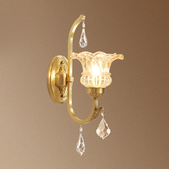 Gold Ruffle Glass Wall Light With Crystal Draping - Antique Floral Lighting Fixture