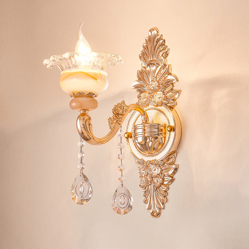 Gold Floral Ruffle Wall Mount Light With Crystal Accent - Traditional Glass Corridor Fixture 1 / B