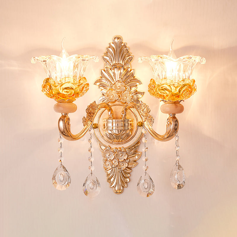 Gold Floral Ruffle Wall Mount Light With Crystal Accent - Traditional Glass Corridor Fixture