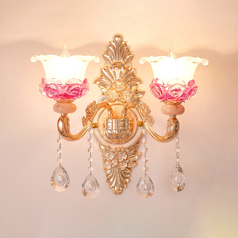 Gold Floral Ruffle Wall Mount Light With Crystal Accent - Traditional Glass Corridor Fixture