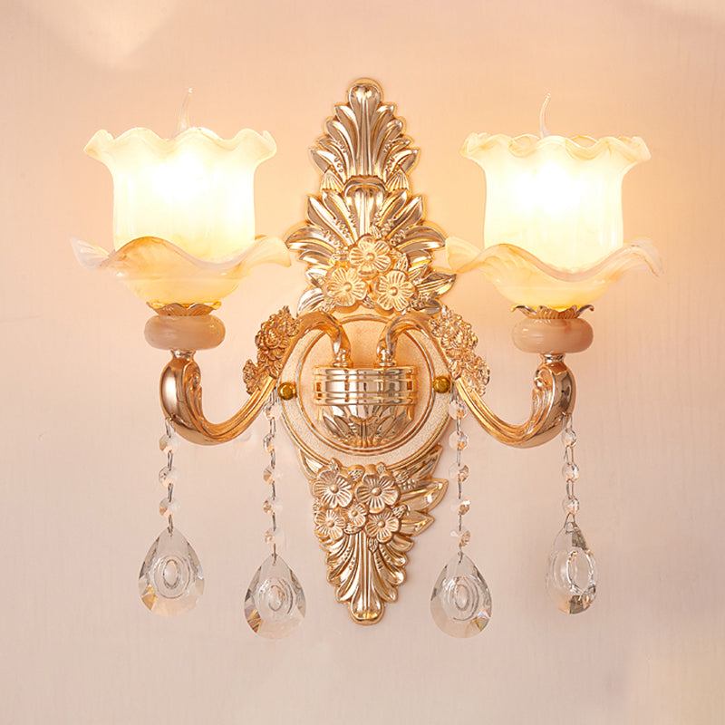 Gold Floral Ruffle Wall Mount Light With Crystal Accent - Traditional Glass Corridor Fixture 2 / A