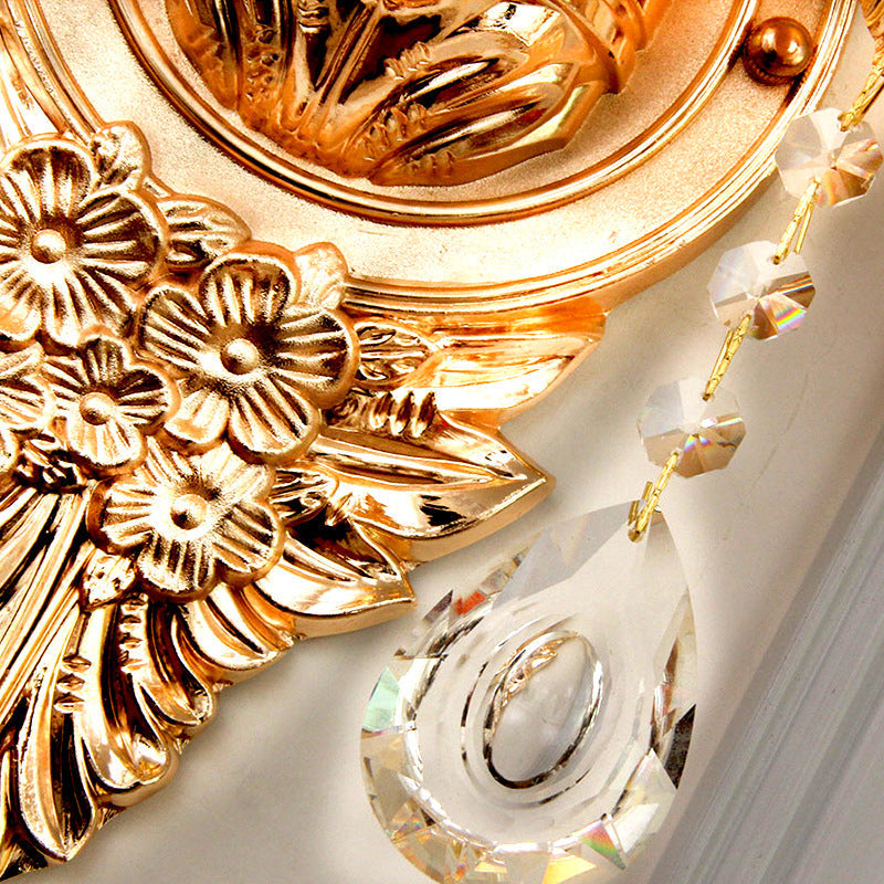 Vintage Gold Wall Light With Frosted Glass Ruffle Flower And Crystal Accent