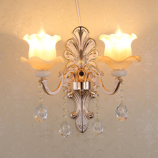 Rustic Bud Wall Light With Ruffle Glass And Crystal Draping In Weathered Zinc - Vintage Mount