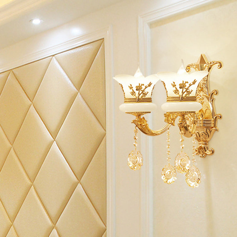 Traditional Wall Light Fixture With Imitation Jade Gold Design And Crystal Draping