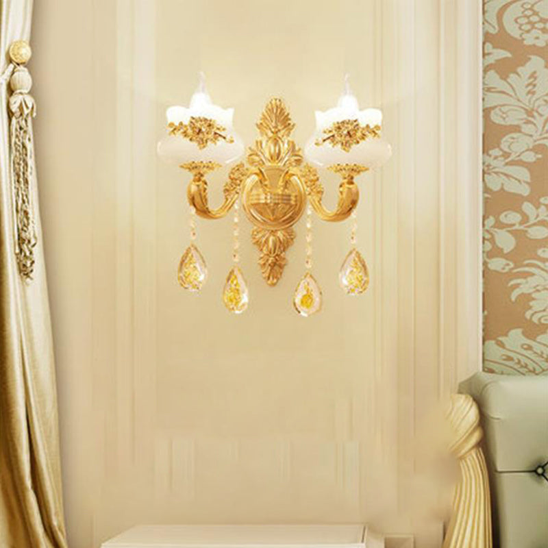 Traditional Wall Light Fixture With Imitation Jade Gold Design And Crystal Draping 2 / C
